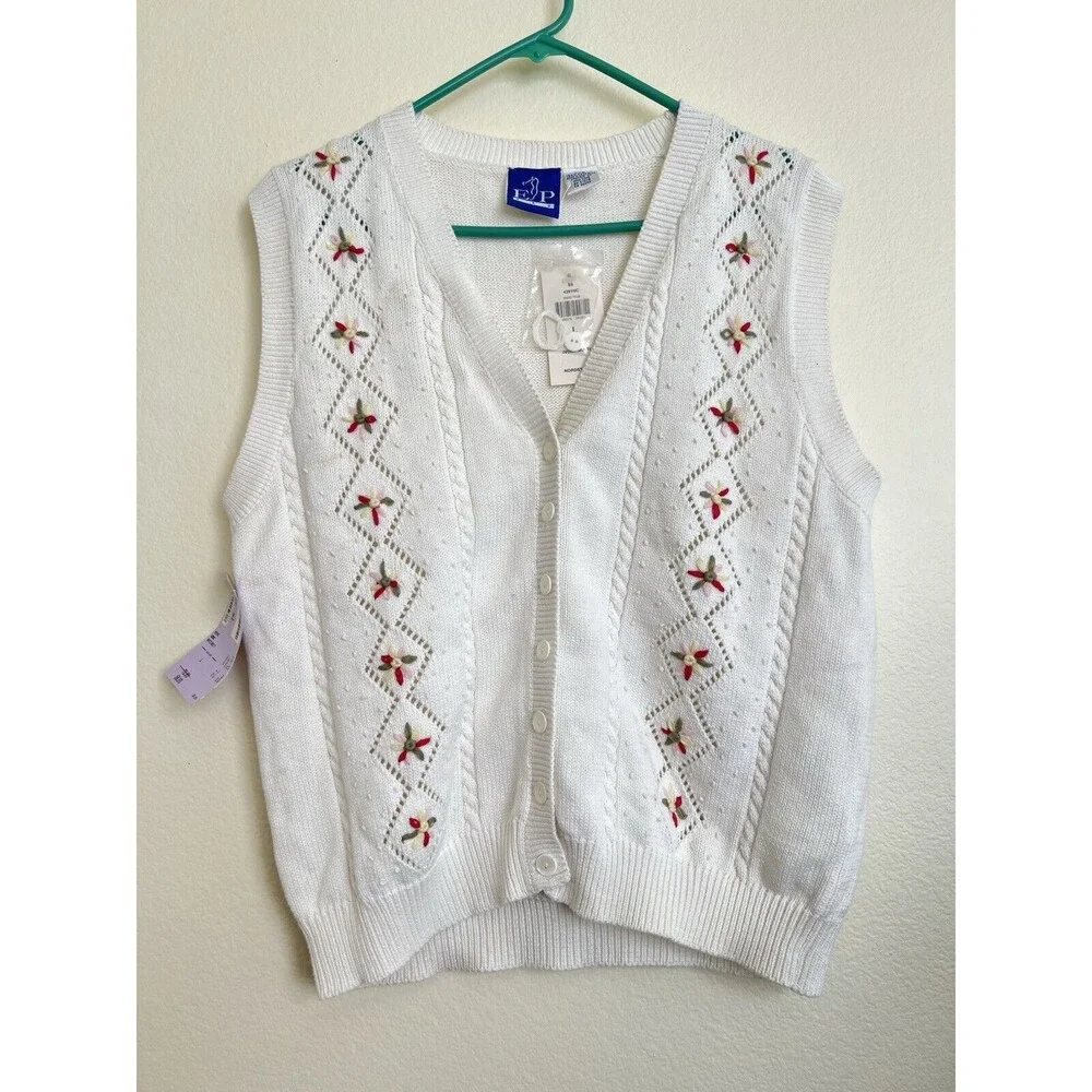 Vtg EP PRO Womens L Peplum Floral Knit Sweater Vest Romantic Cottagecord Spring‎ - Picture 2 of 11
